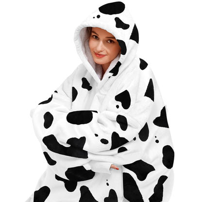 Wearable Blanket Hoodie, Oversized Sherpa Hooded Blanket Sweatshirt for Adults Women Men Kids, Extremely Cozy, Warm, Soft and Fuzzy Hoodie Blanket with 2 Large Front Pockets (Cow)