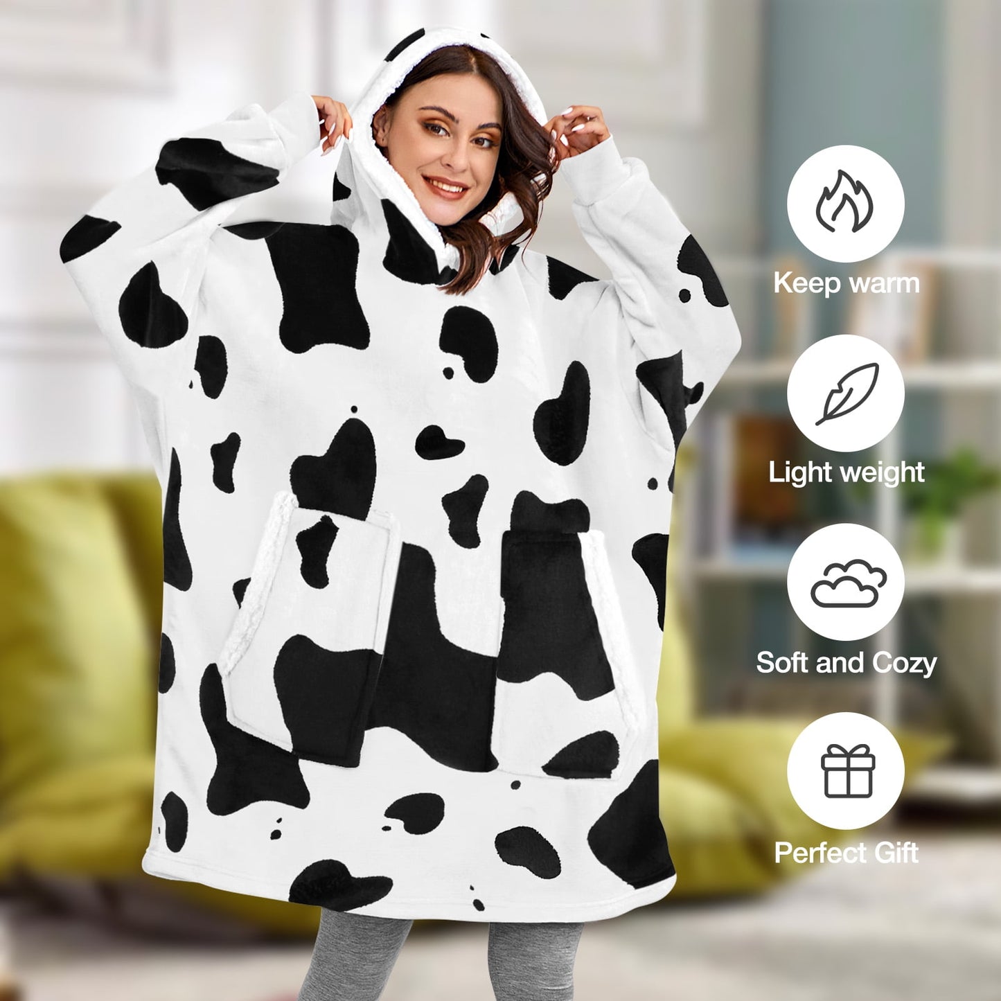 Wearable Blanket Hoodie, Oversized Sherpa Hooded Blanket Sweatshirt for Adults Women Men Kids, Extremely Cozy, Warm, Soft and Fuzzy Hoodie Blanket with 2 Large Front Pockets (Cow)