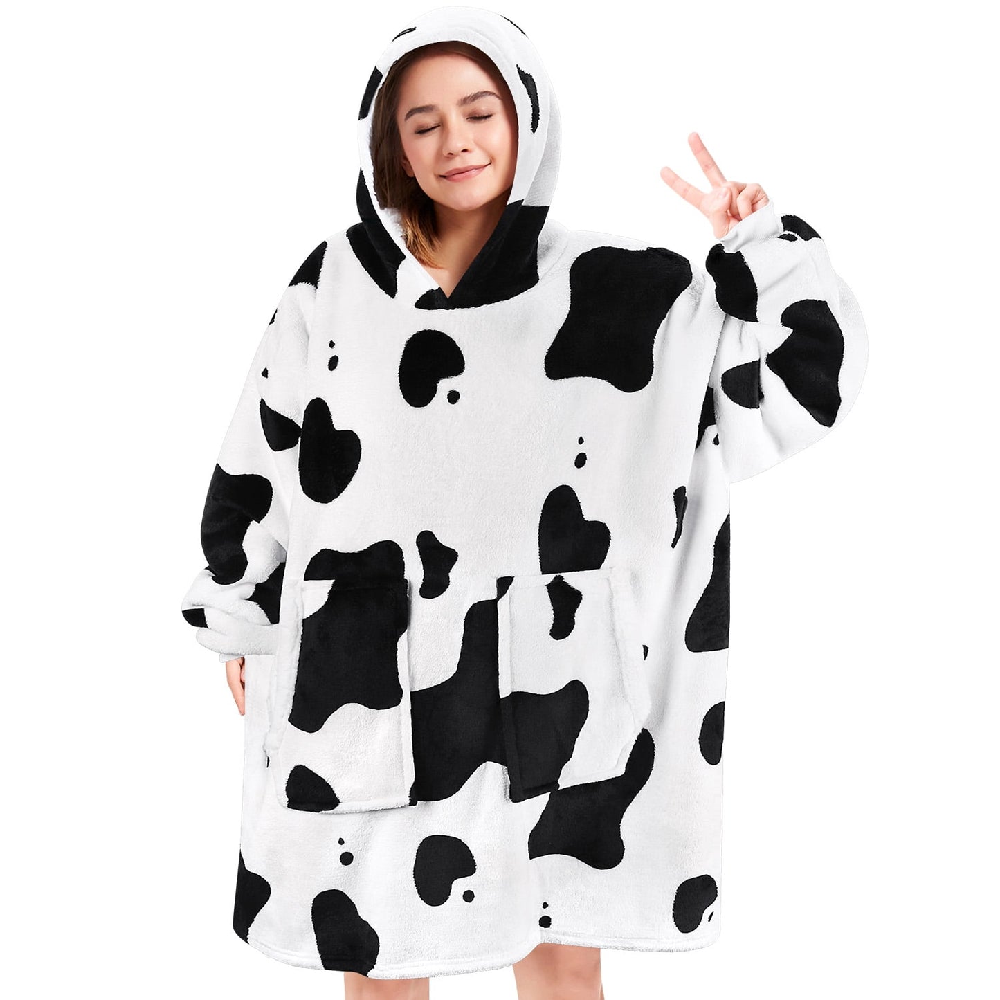 Wearable Blanket Hoodie, Oversized Sherpa Hooded Blanket Sweatshirt for Adults Women Men Kids, Extremely Cozy, Warm, Soft and Fuzzy Hoodie Blanket with 2 Large Front Pockets (Cow)