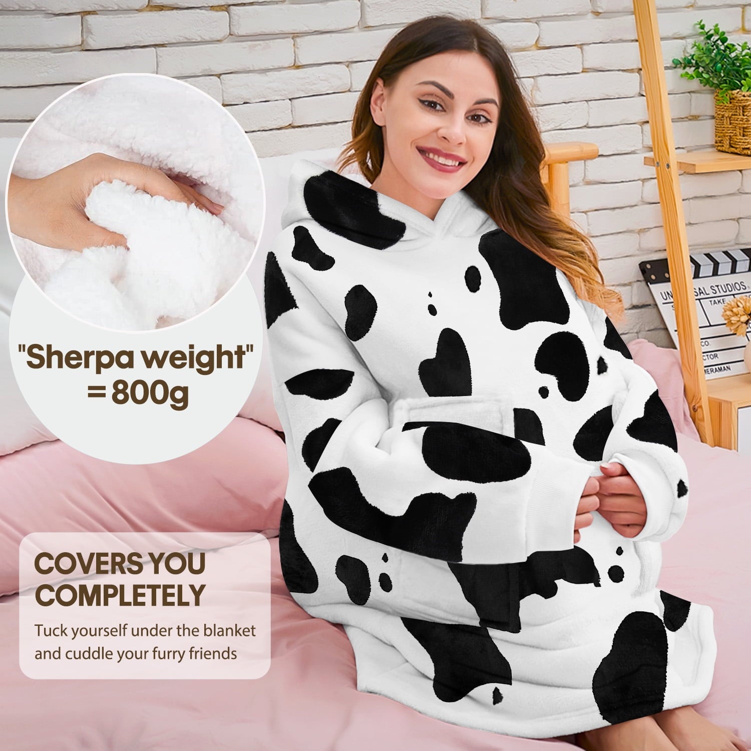 Wearable Blanket Hoodie, Oversized Sherpa Hooded Blanket Sweatshirt for Adults Women Men Kids, Extremely Cozy, Warm, Soft and Fuzzy Hoodie Blanket with 2 Large Front Pockets (Cow)